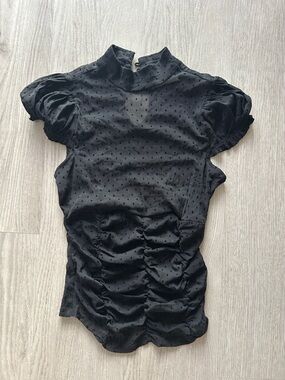 Kimchi Blue Black Ruched Dot Mesh Mock Neck Top